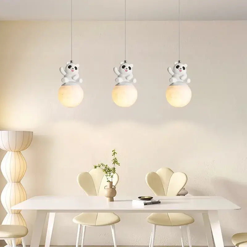 Three white cartoonish panda bear bedroom wall pendant lights with frosted glass shades for decorbites bear bedroom decor