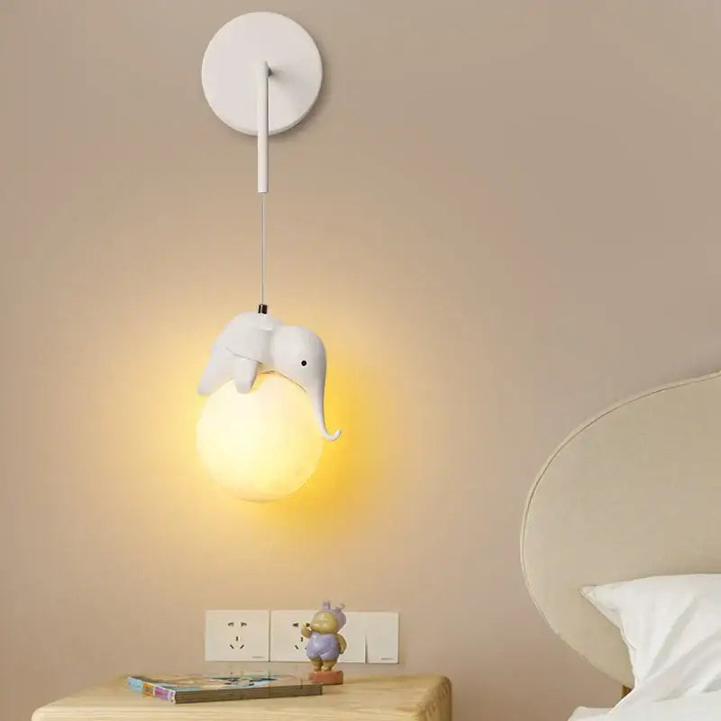Modern white panda bear bedroom wall lamp with elephant-shaped pendant light and soft yellow glowing globe for decorbites bear bedroom