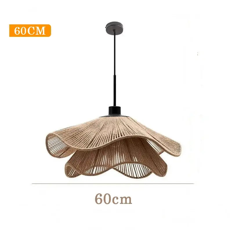 Modern white petal fabric pendant light with warm glow features a 60cm beige woven rattan cord pendant light
