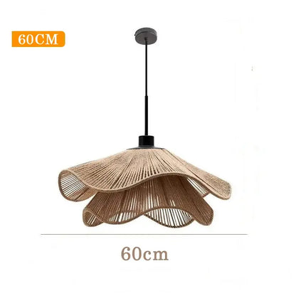 Modern white petal fabric pendant light with warm glow features a 60cm beige woven rattan cord pendant light