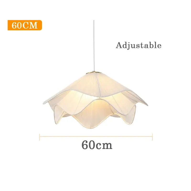 Modern cream fabric pendant light with layered petal design and adjustable chain for warm bedroom glow