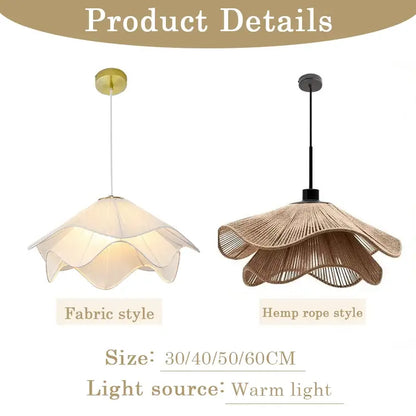 Modern white petal fabric pendant light with soft white shade and woven hemp cord pendant for warm bedroom glow