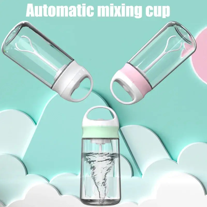 Transparent glass electric protein shaker bottle with white and pastel pink lid, handle, and internal stirring mechanism