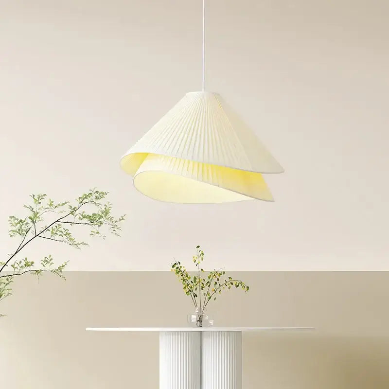 Modern white pleated e27 fabric chandelier with layered design and soft yellow glow for bedroom pendant lighting