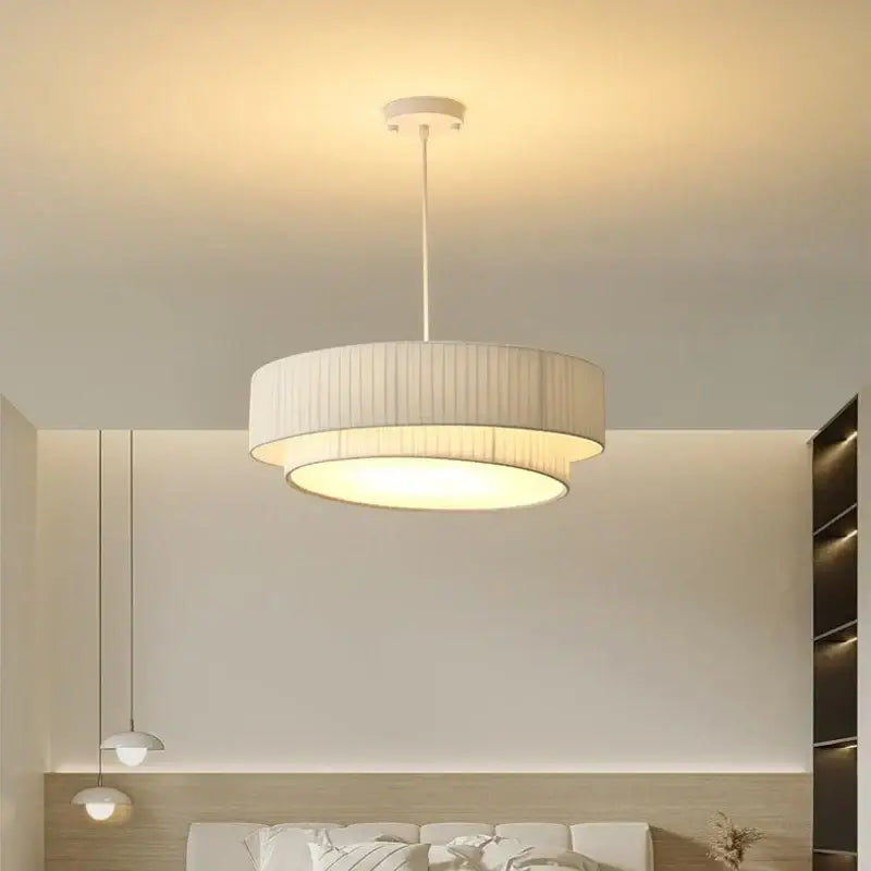 Modern white pleated fabric pendant light with cylindrical shade and metal fixture for decorbites creamy style e27 bedroom decor