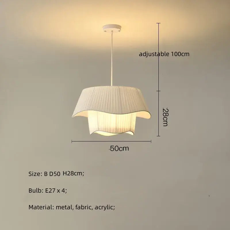 Modern white pleated fabric pendant light with metal acrylic frame and adjustable 100cm hanging length for decorbites creamy style e27