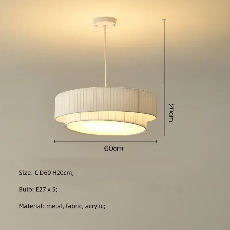 Modern white pleated fabric pendant light with metal and acrylic frame for bedroom decorbites creamy style e27 lighting