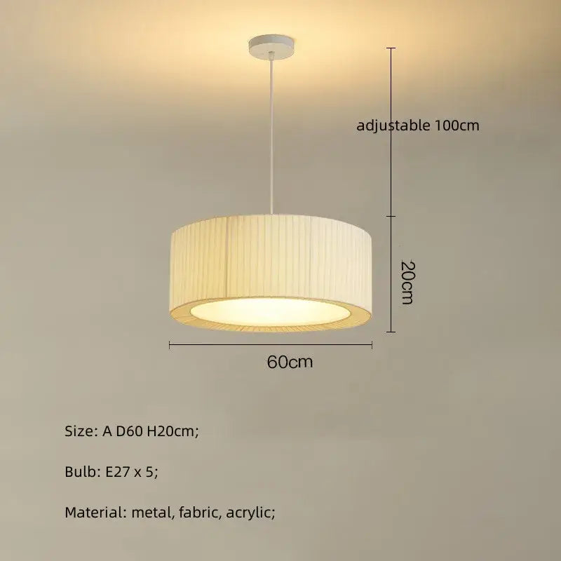 Cream-colored cylindrical pendant lights with vertical fabric pleats and metal frame in decorbites creamy style e27 for bedroom