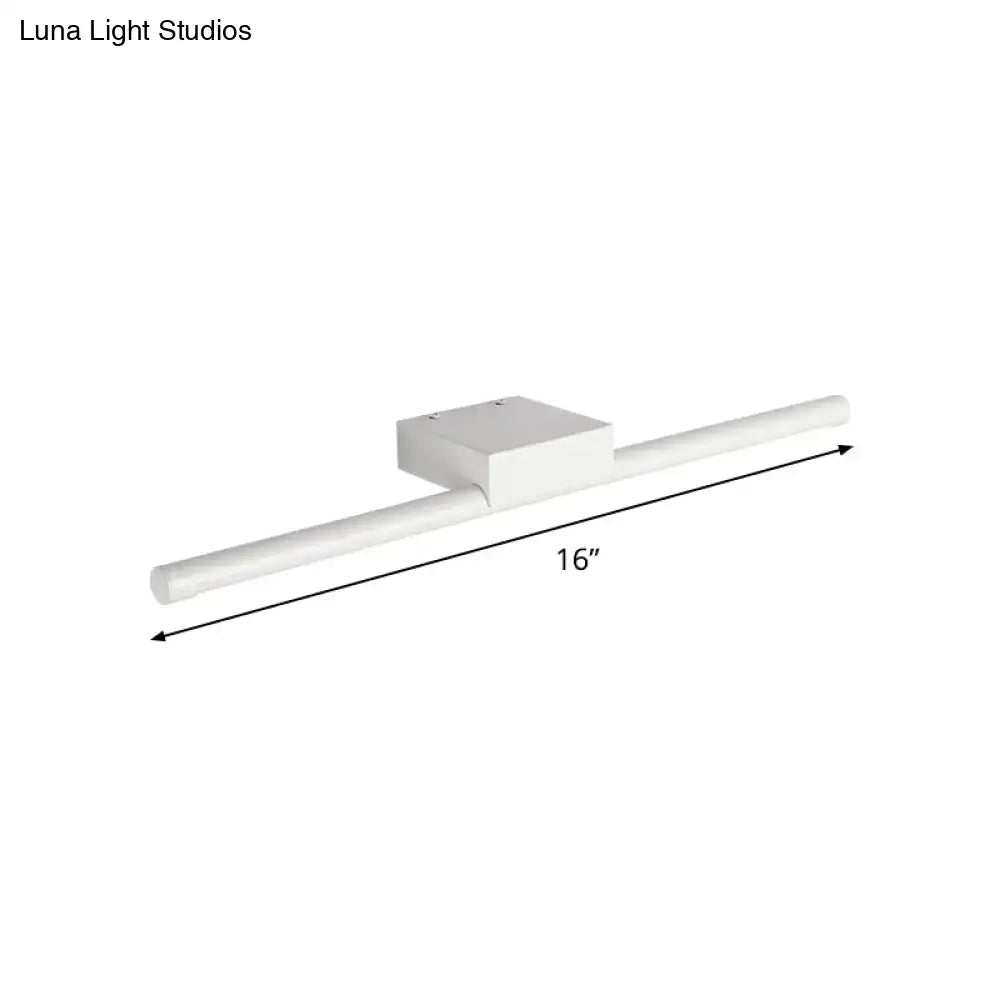 White sleek 16-inch modern led pole vanity lighting with a minimalist rectangular fixture and cylindrical light bar