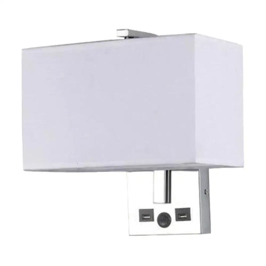 Modern white rectangle wall light kit with sleek chrome base featuring usb ports and central power button for bedroom use