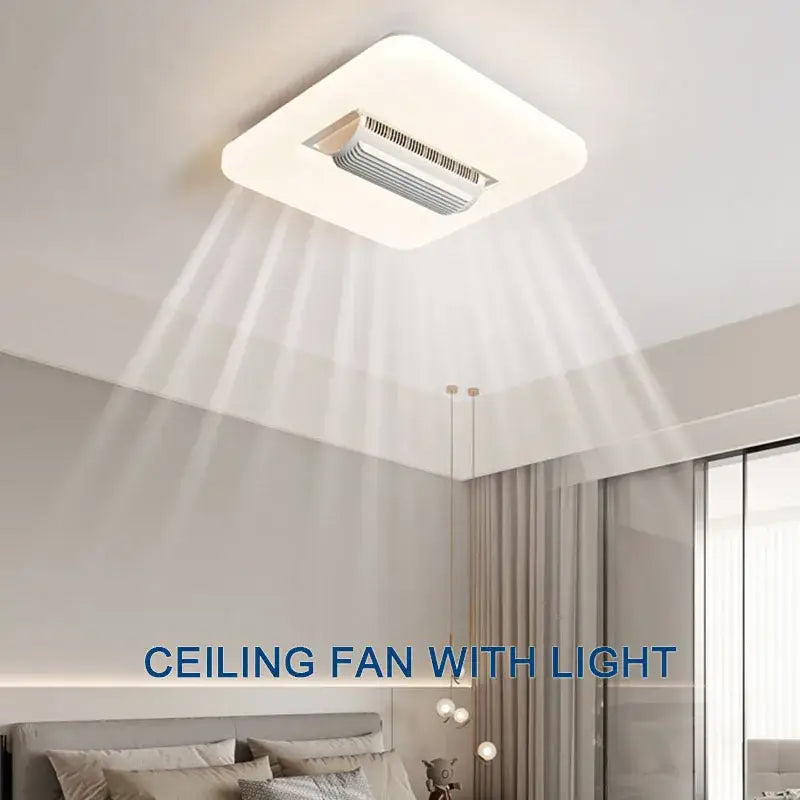 Modern white rectangular bladeless ceiling fan light with metallic accents for bedroom ceiling fan light use