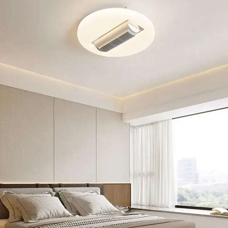 Modern white rectangular bladeless ceiling fan light with a sleek circular ceiling fan light and metallic silver grille