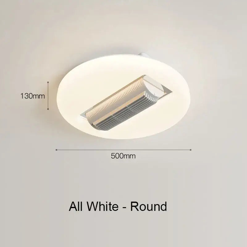 A sleek all-white round ceiling fan light with integrated led fixture featured in a modern bedroom design