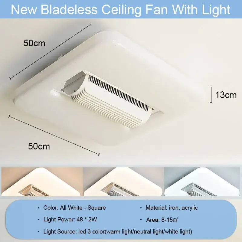 Modern white rectangular bladeless ceiling fan light made of iron and acrylic for bedroom use fan light design