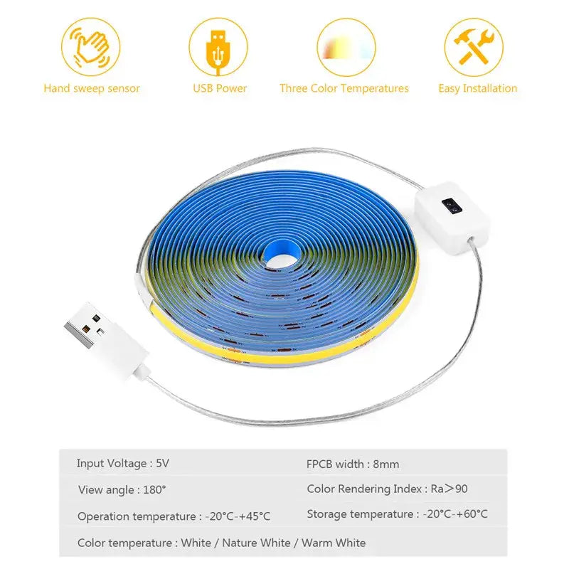 Coiled blue and yellow decorbites cob led strip night light with white usb power cable and control module