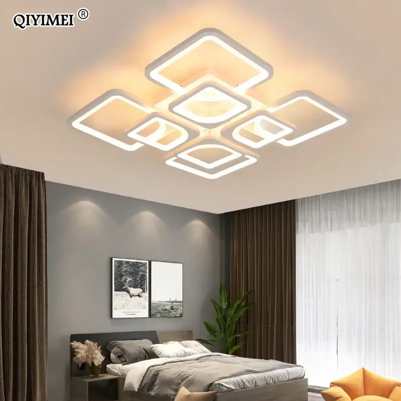 Modern white rectangular dimmable led chandelier with geometric square design and warm glow for bedroom decorbites dimmable led