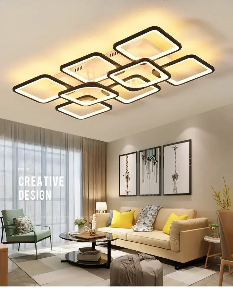 Modern white rectangular dimmable led chandelier with black frames and warm white illumination for bedroom decorbites dimmable led