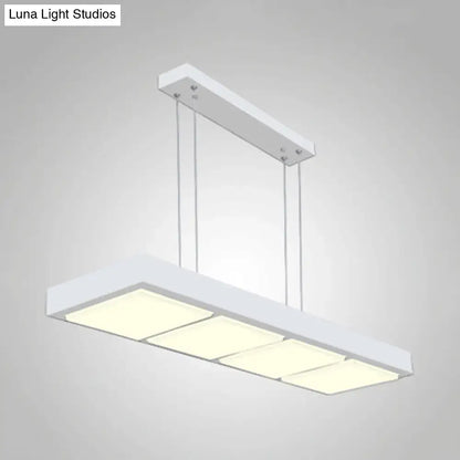 Modern white metal rectangular island lamp with three illuminated panels for office and home lighting use