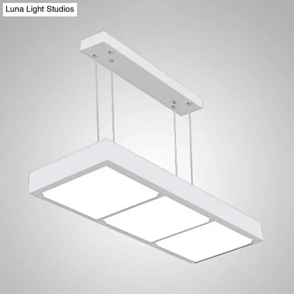 DecorBites™ modern metal rectangular island lamp in white with three illuminated panels for office lighting