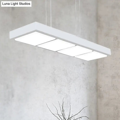 Modern white metal rectangular island lamp with four illuminated panels for office hanging lighting