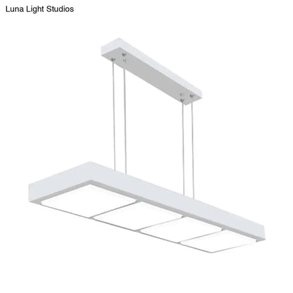 Modern white metal rectangular island lamp with three integrated led panels suspended by thin cables for office lighting