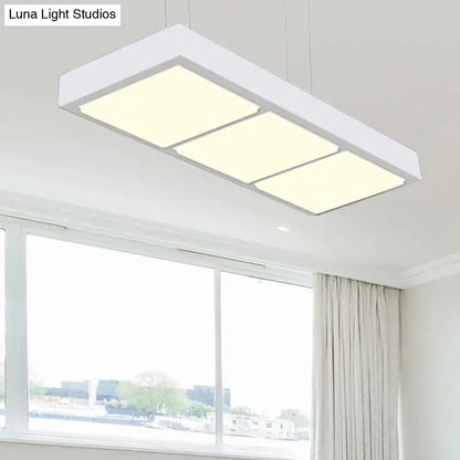 Decorbites modern metal rectangular island lamp in white with three illuminated panels for office lighting