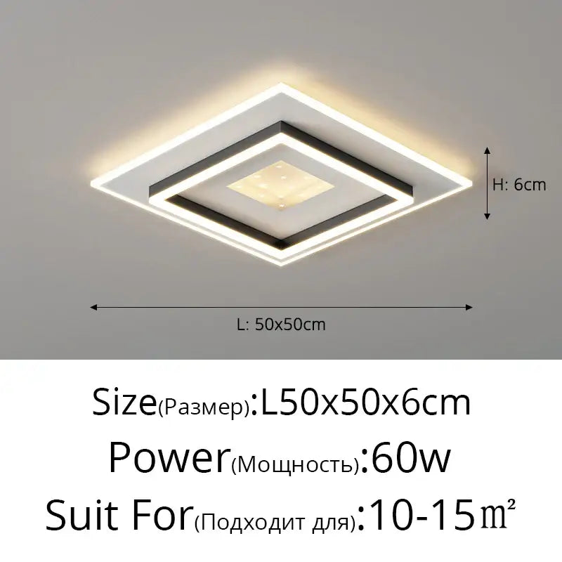 Modern white rectangular led chandelier with layered black and white frames emitting warm glow for living lights led decorbites