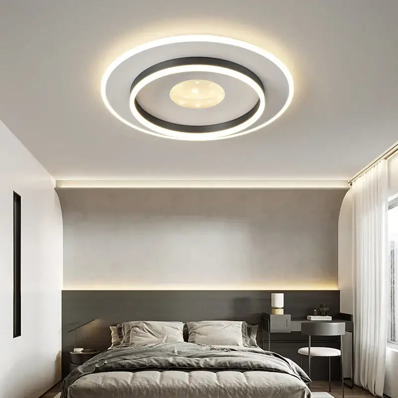 Modern white rectangular led chandelier with circular white led rings and warm central bulb by decorbites living lights