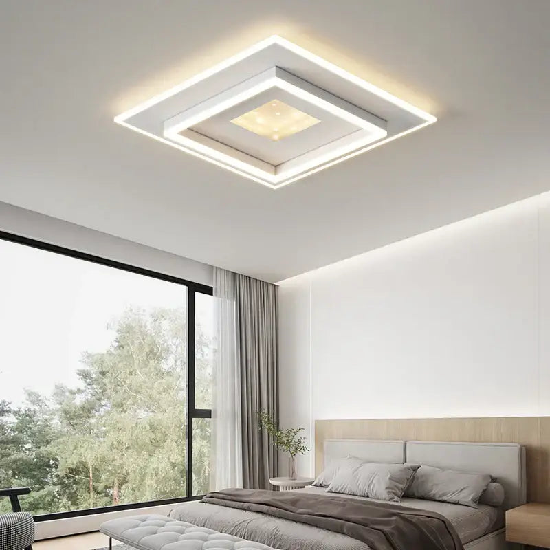 Modern white rectangular led chandelier with layered frames and warm illumination for living lights led decorbites