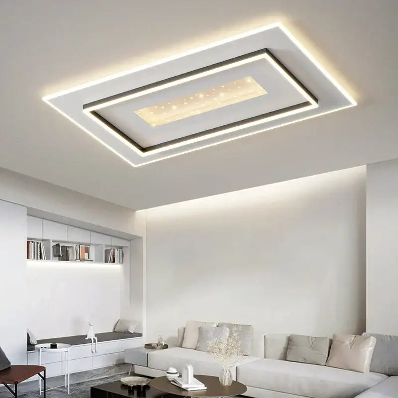 Modern white rectangular led chandelier with sleek black frame and layered glowing edges for living room decorbites living lights