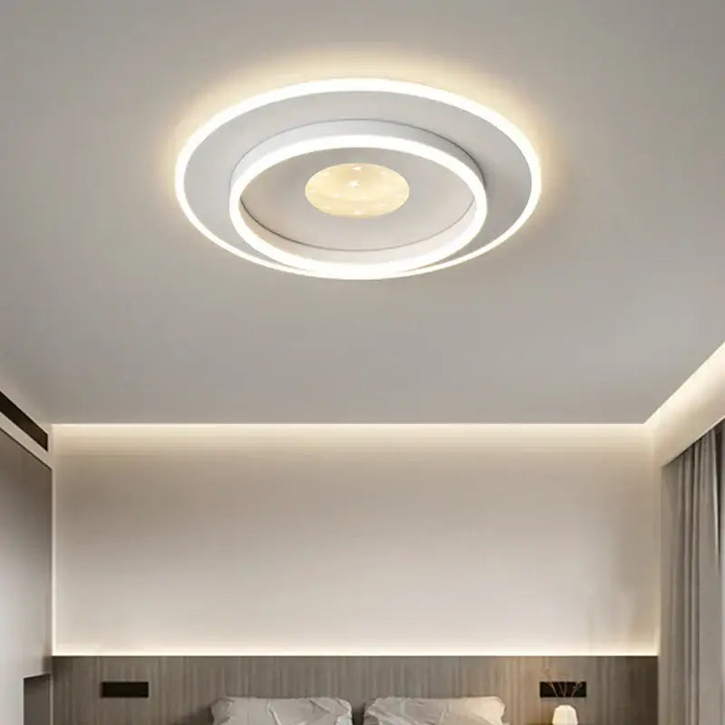 Modern white circular led chandelier with concentric rings and warm glow for decorbites living lights ceiling use