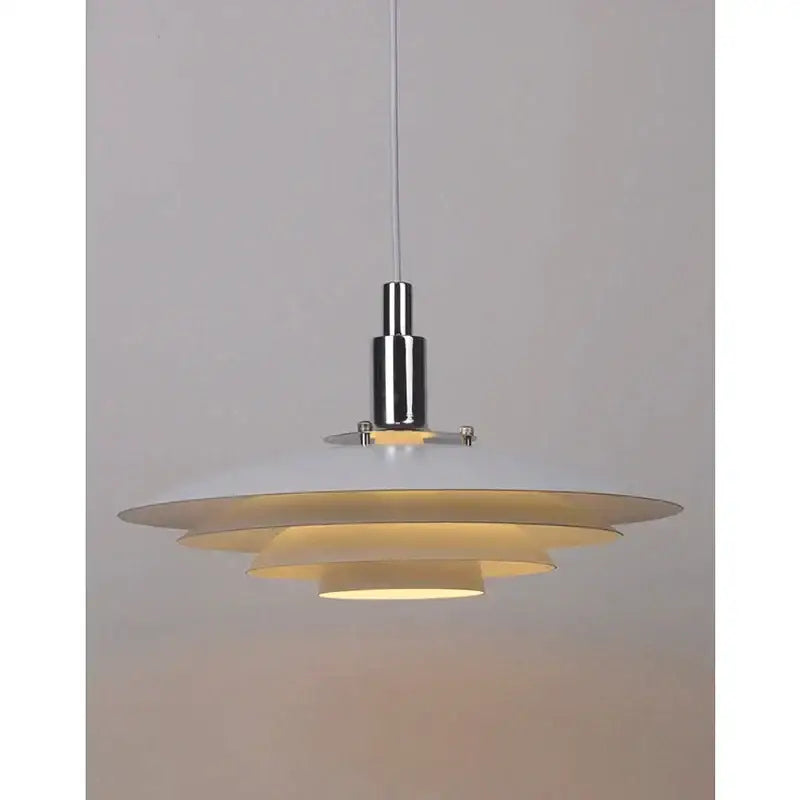 Modern pendant light with concentric layered white and cream shades and chrome rod for dining room decorbites gradient white red