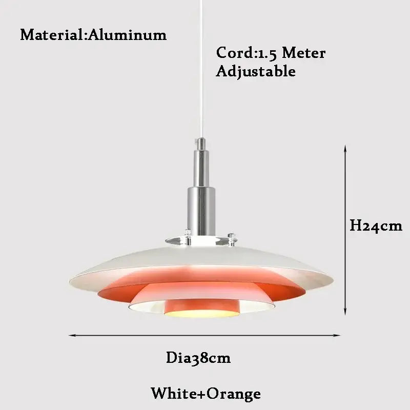 Modern white and red ufo pendant light with white and orange layered aluminum shade and adjustable cord for modern interiors