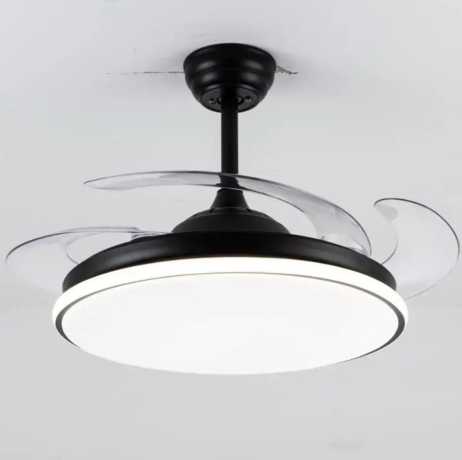 Modern white remote control ceiling fan with integrated led light and transparent curved blades by decorbites ceiling fans