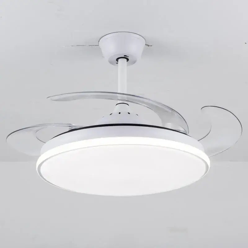 Modern white remote control ceiling fan with integrated led light and transparent curved blades from decorbites ceiling fans