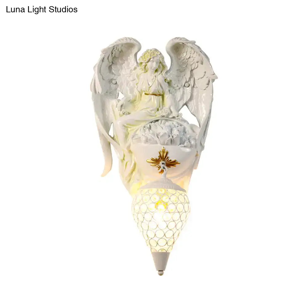 Modern white resin angel wall light with gold accents and mosaic glass shade for bedroom wall light decor