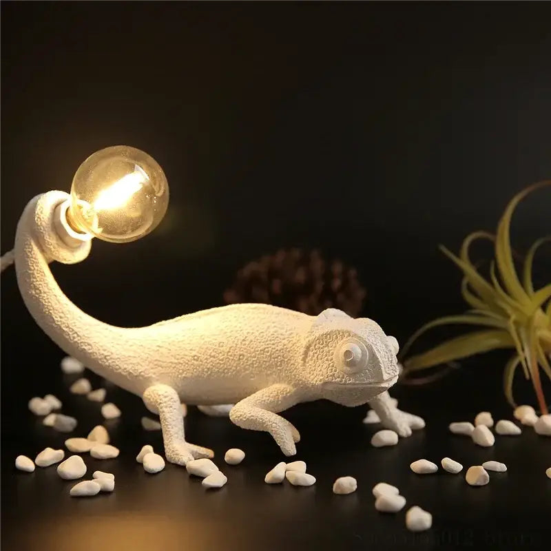 Modern white resin decorbites chameleon led table lamp with glowing bulb for bedroom reading and decorbites chameleon led use
