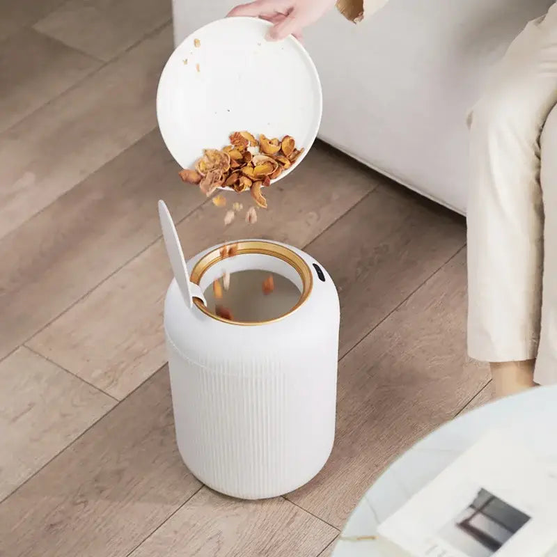 Modern white ribbed 10l luxury sensor trash can with gold-trimmed lid ideal for kitchen decorbites 10l luxury sensor use