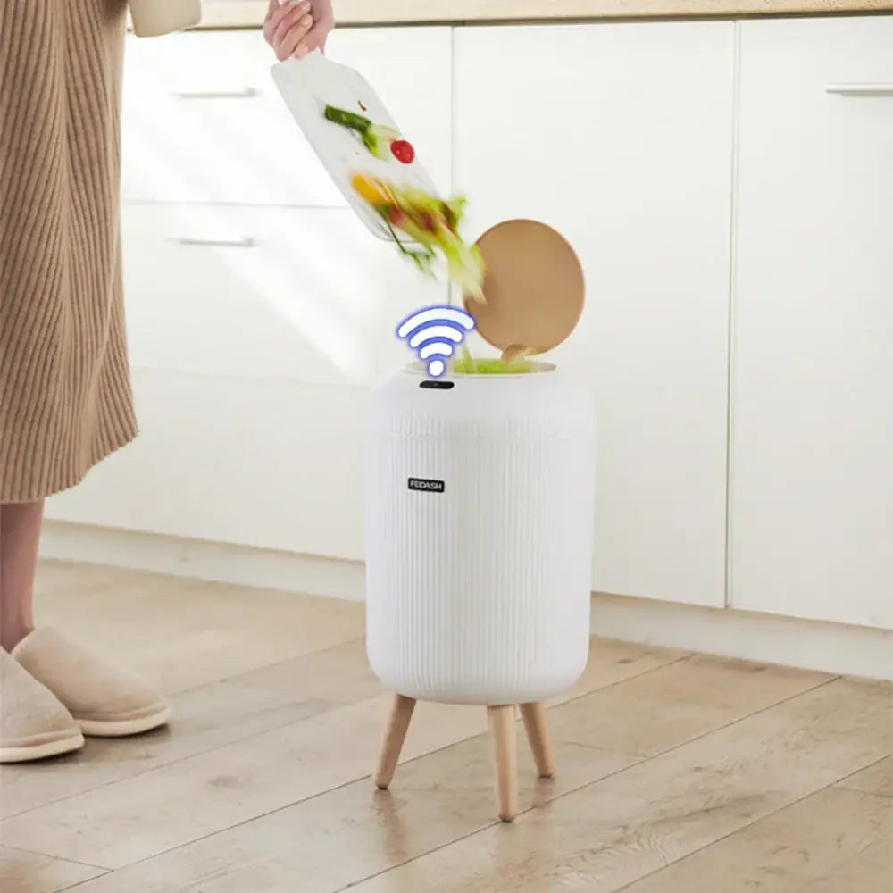Modern white ribbed 10l luxury sensor trash can with wooden legs by fresah for kitchen decorbites 10l luxury sensor use