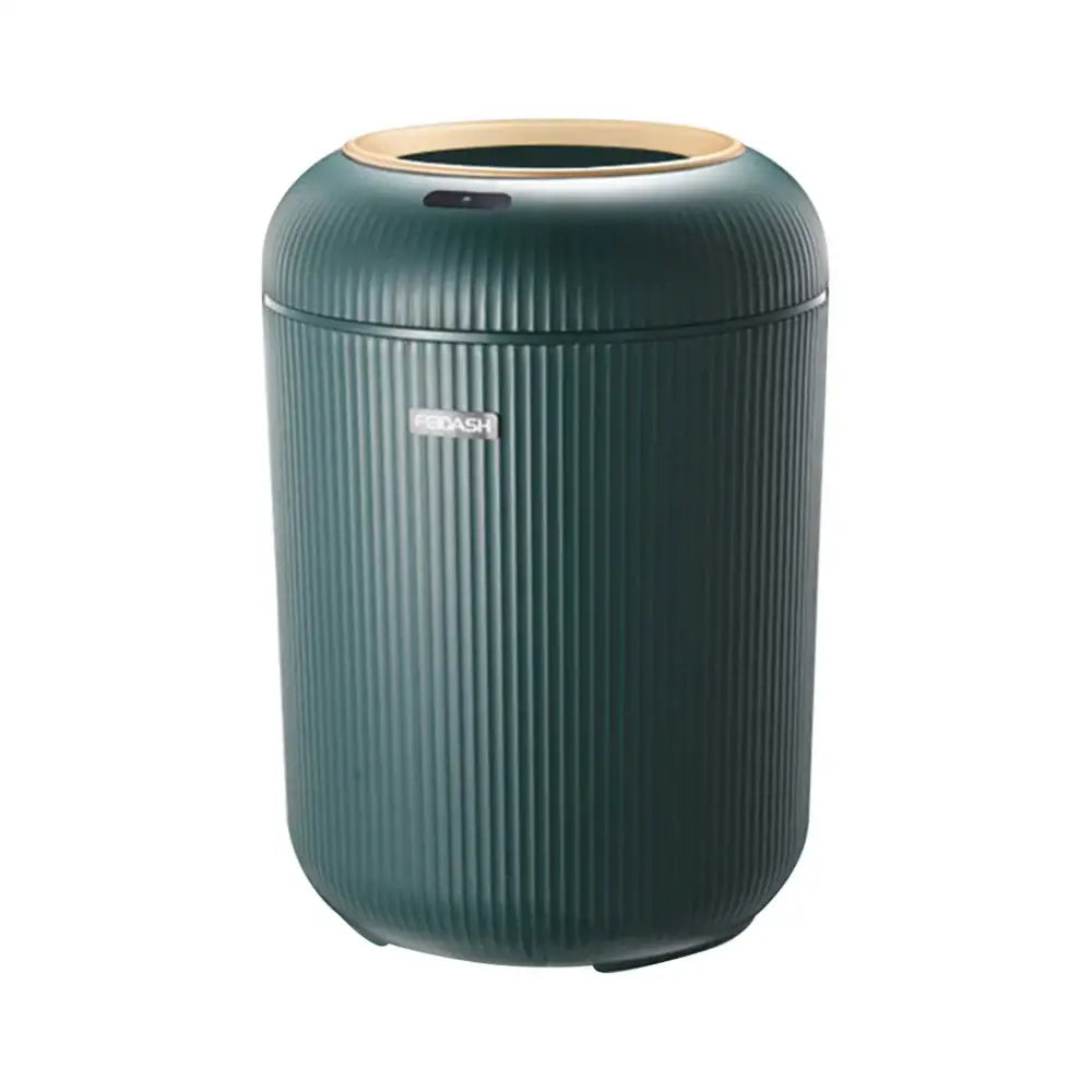 Dark green ribbed cylindrical sensor trash can with light wood lid and fedash logo decorbites 10l luxury sensor trash