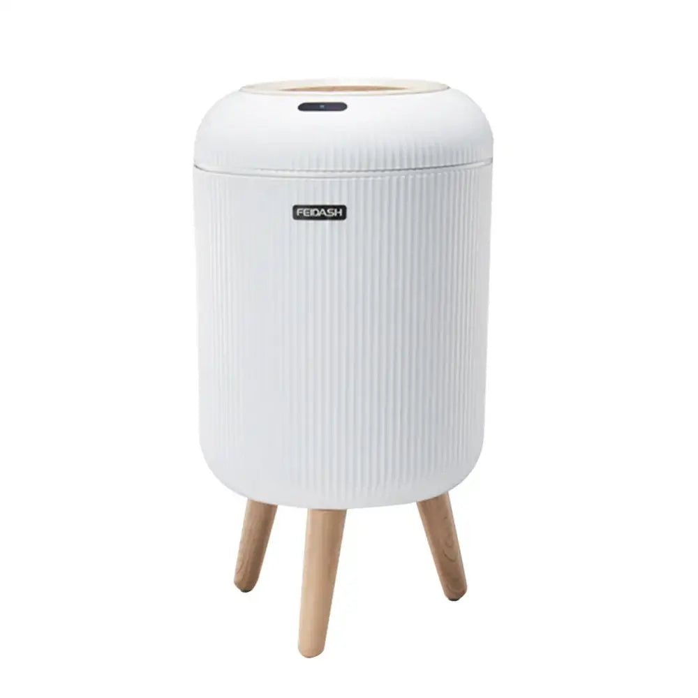 Modern white ribbed 10l luxury sensor trash can with vertical texture and light wood legs for kitchen decorbites 10l luxury use