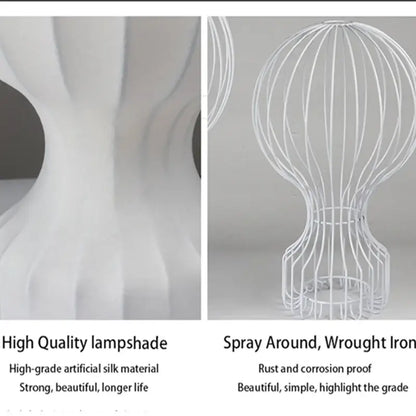 Modern white ribbed silk table lamp with white wireframe gatto cocoon spherical cage design for bedroom decorbites gatto cocoon silk