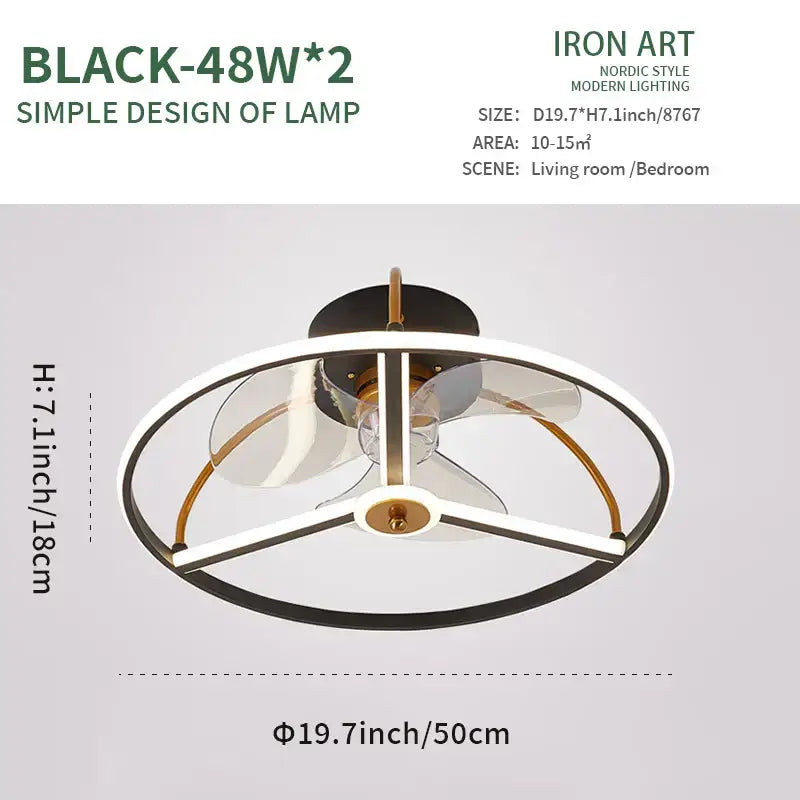 Black and gold nordic-style led ceiling fan with modern circular frame clear glass panels and two 48w bulbs