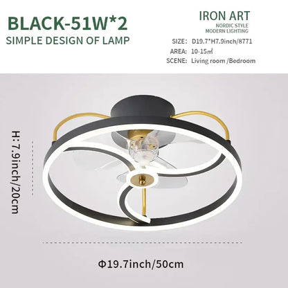 Black and gold nordic-style led ceiling fan with minimalist circular design for modern bedroom lighting fixture