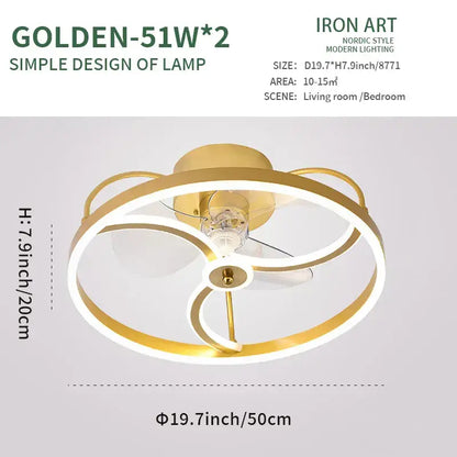 Modern white ring led ceiling fan with gold finish and integrated led lighting for bedroom lighting fixture