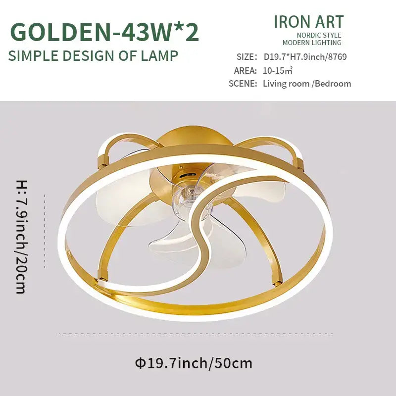Modern white ring led ceiling fan bedroom lighting fixture with golden nordic-style design and integrated led ceiling fan lamp