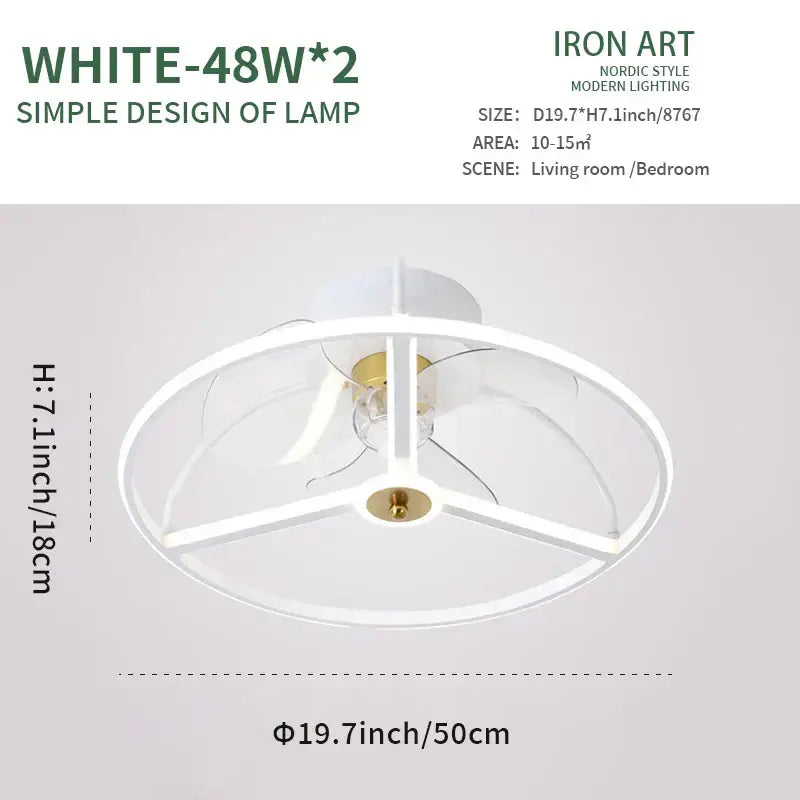 Modern white ring led ceiling fan with nordic-style circular frame and gold-toned central fixture for bedroom lighting