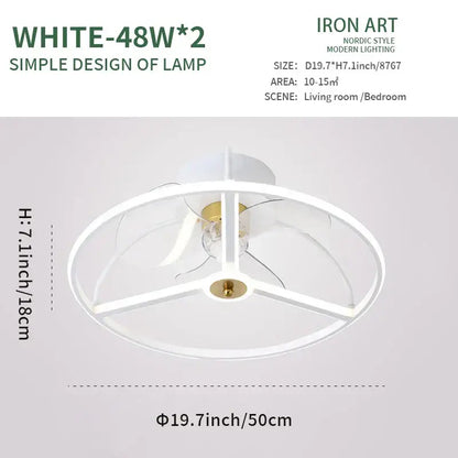 Modern white ring led ceiling fan with nordic-style circular frame and gold-toned central fixture for bedroom lighting