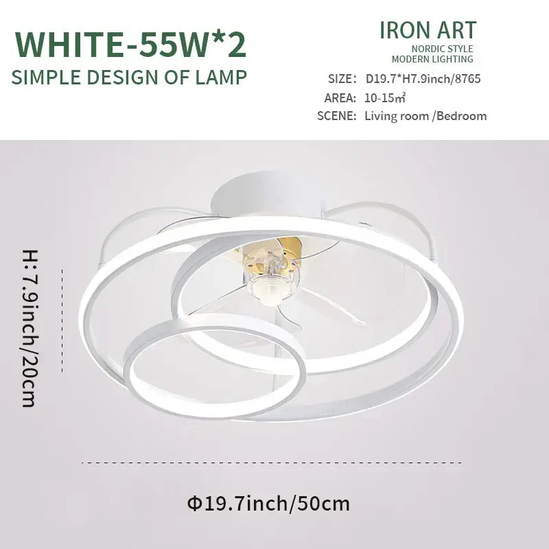 Modern white nordic-style led ceiling fan with overlapping circular rings and integrated led bulb for bedroom lighting
