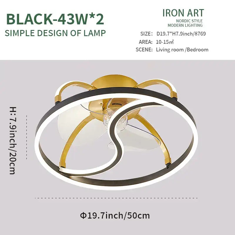Modern white ring led ceiling fan featuring a sleek black and gold finish with intertwined circular led rings